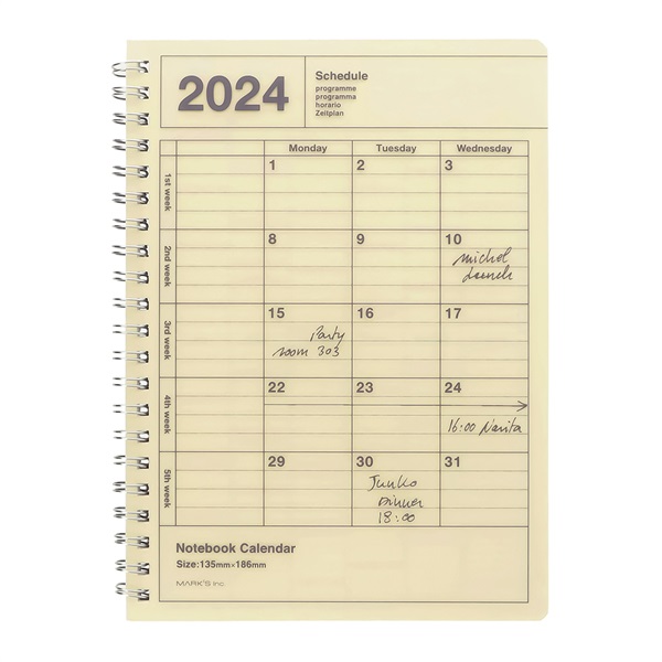 2024　月間ブロック　手帳　2024年1月始まり　マークス　スケジュール帳　マークス公式通販　B6変型　ノートブックカレンダー・S・縦型