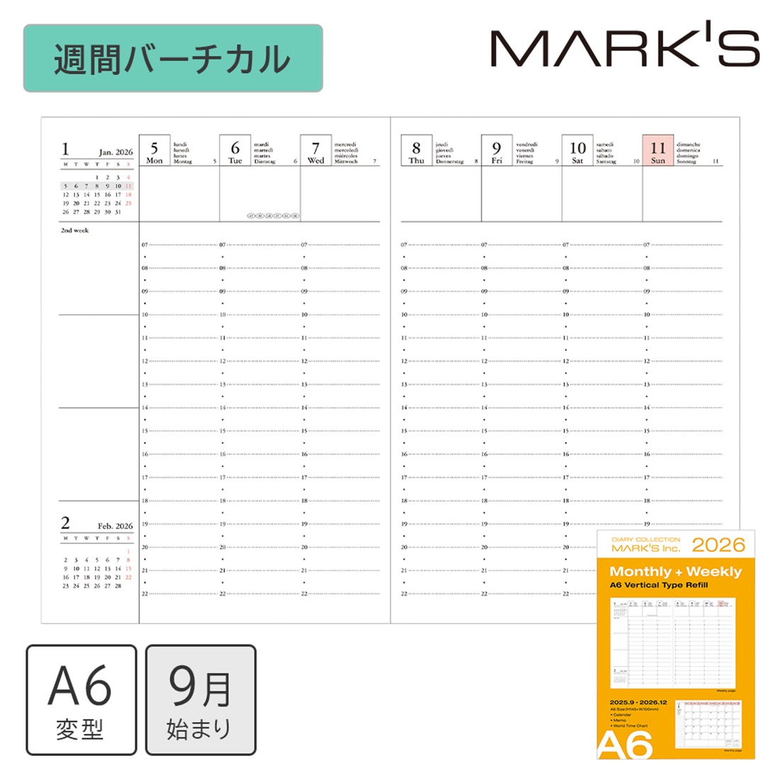 MARK'S 海外手帳 2026 スケジュール帳 2025年9月始まり 週間バーチカル