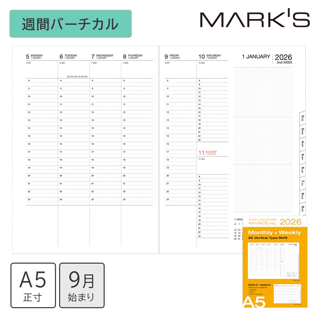 MARK'S 海外手帳 2026 スケジュール帳 2025年9月始まり 週間