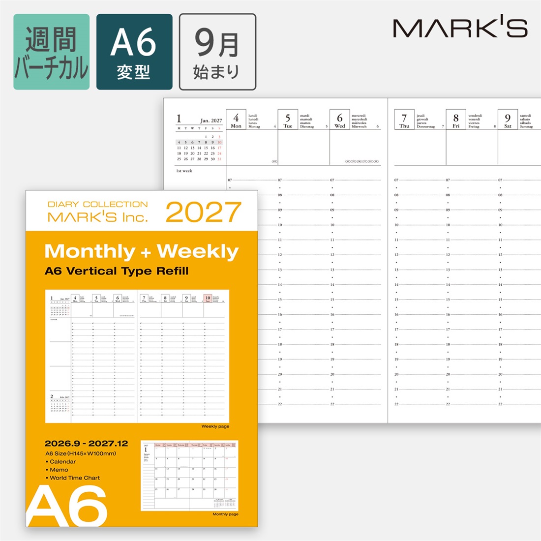 MARK'S 海外手帳 2027 スケジュール帳 2026年9月始まり 週間バーチカル