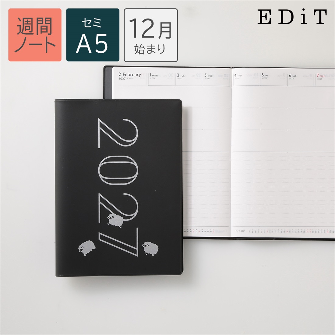 EDiT 手帳 2027 スケジュール帳 2026年12月始まり 週間ノート セミA5