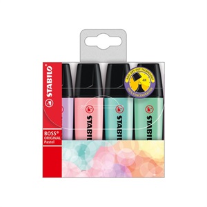 STABILO スタビロ ボス パステル 4色セット 蛍光ペン 水性蛍光インク 中綿式 5mm/2mm チーゼル型チップ キャップ式