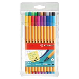 STABILO スタビロ ポイント88 20色セット 水性ペン 水性インク 0.4mm 長寿命金属保護チップ ベンチレーションキャップ式