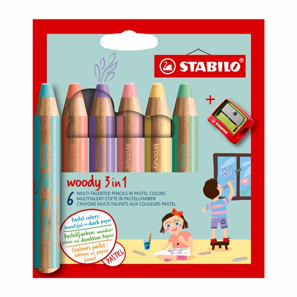 STABILO スタビロ ウッディ 6色セット 色鉛筆 10mm パステル色鉛筆 3 in 1
