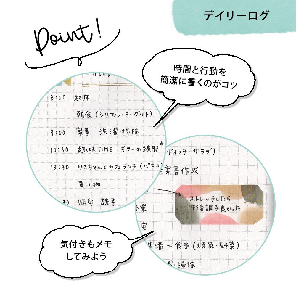 時間と行動を簡潔に書くのがコツ。気付きもメモしておくとGOOD!