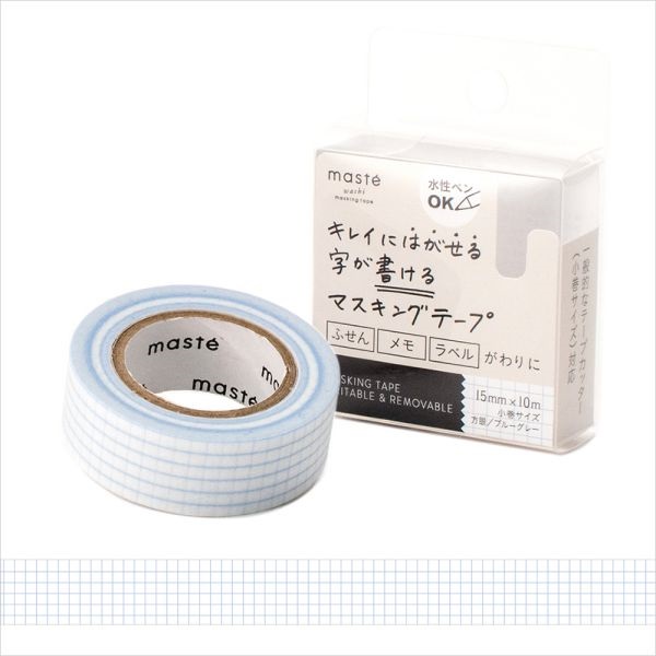 「マステ」 マークス 水性ペンで書けるマスキングテープ 小巻15mm幅 ＜方眼ブルーグレー＞